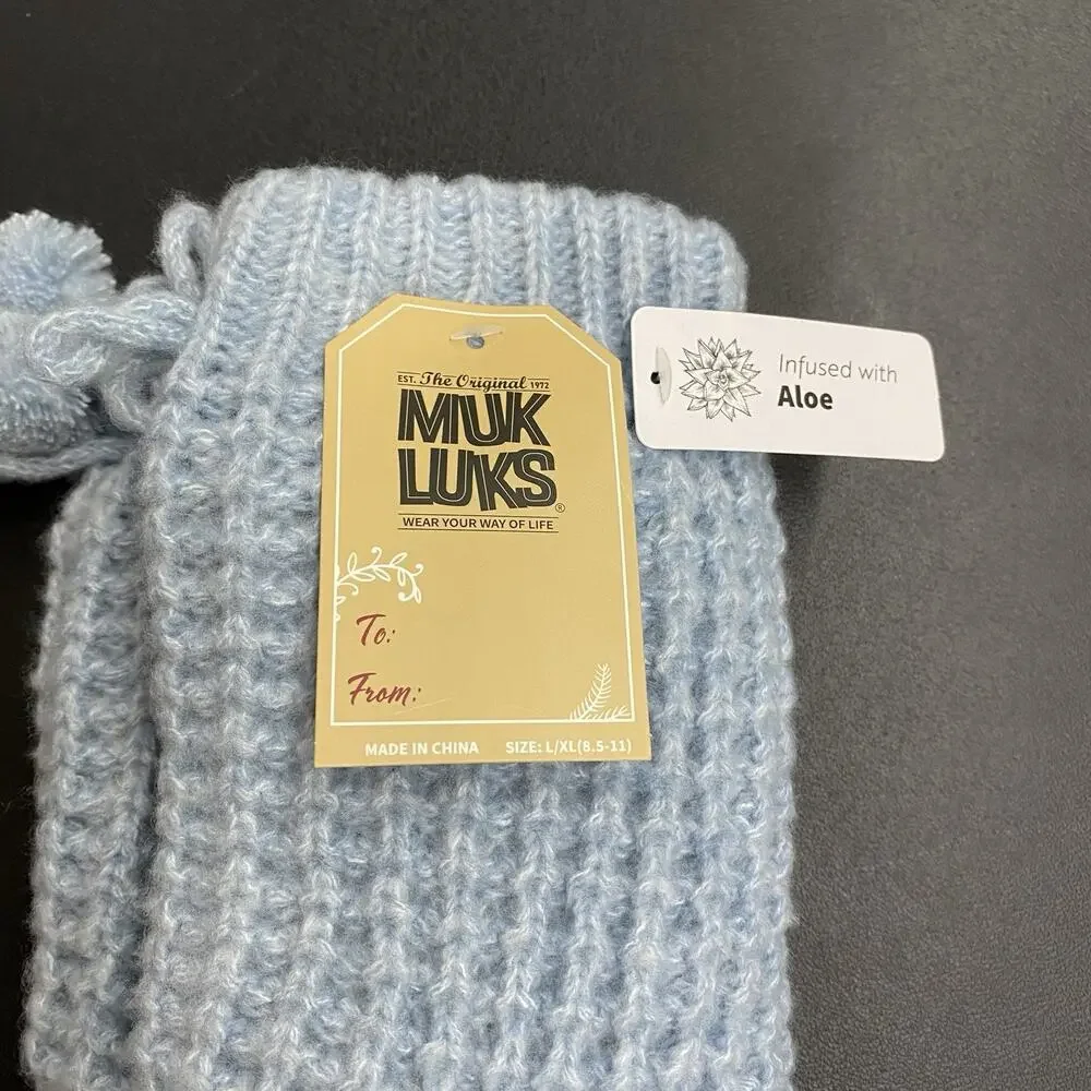 Muk Luks Cozy Knit Slipper Socks Pom Pom Aloe Infused Womens Warm Lounge L / XL